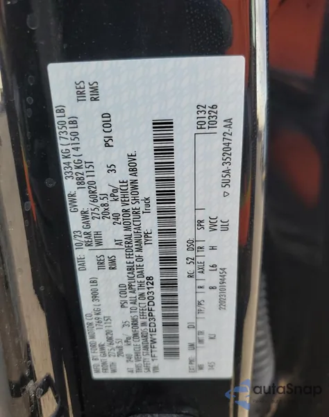 2023 Ford F150 Supercrew z USA, uszkodzony, nr VIN 1FTFW1ED3PFD03128